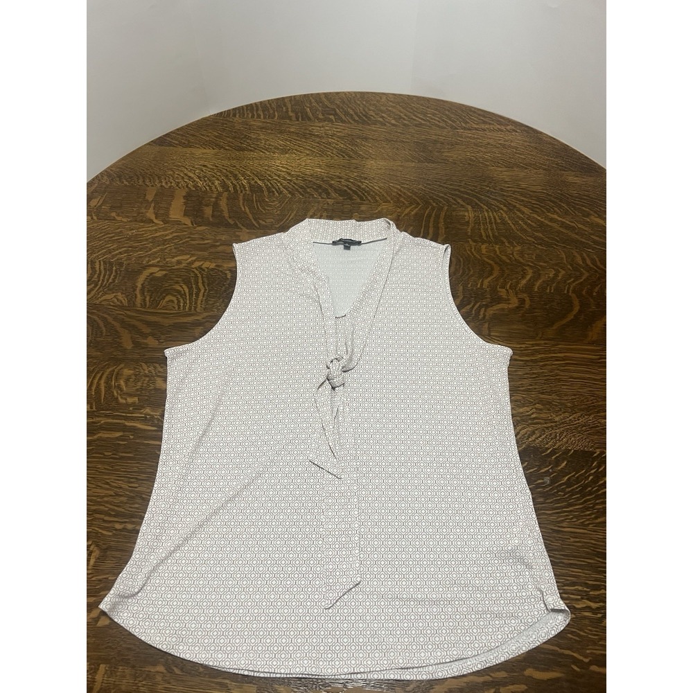 Adrianna Papell Blouse Womens XL White Brown Geometric Tie Neck Sleeveless